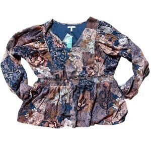 Maurices Navy, Rust & Cream Floral Paisley Peplum Blouse